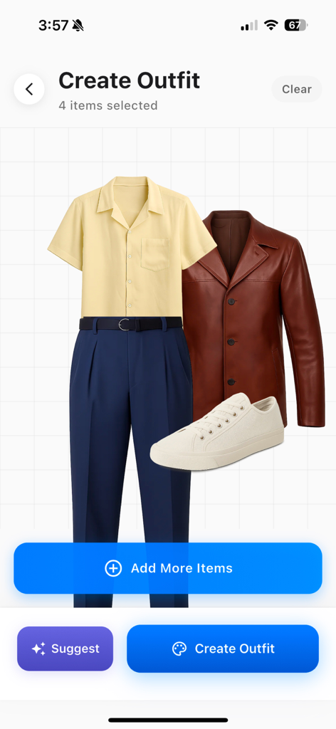 GRWM: Outfits - Interface of the GRWM app showing a curated outfit with a yellow shirt blue trousers and brown leather jacket