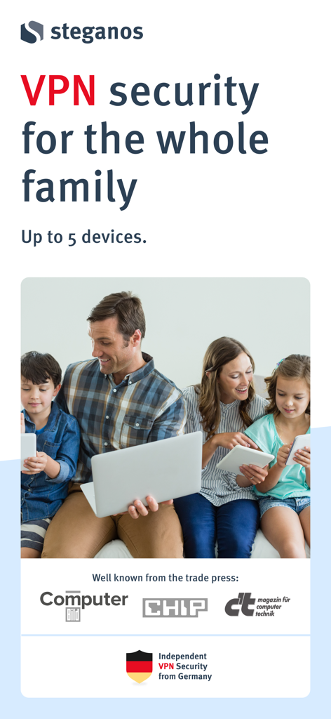 A family using a laptop, tablet, and smartphones with Steganos VPN security for up to 5 devices.