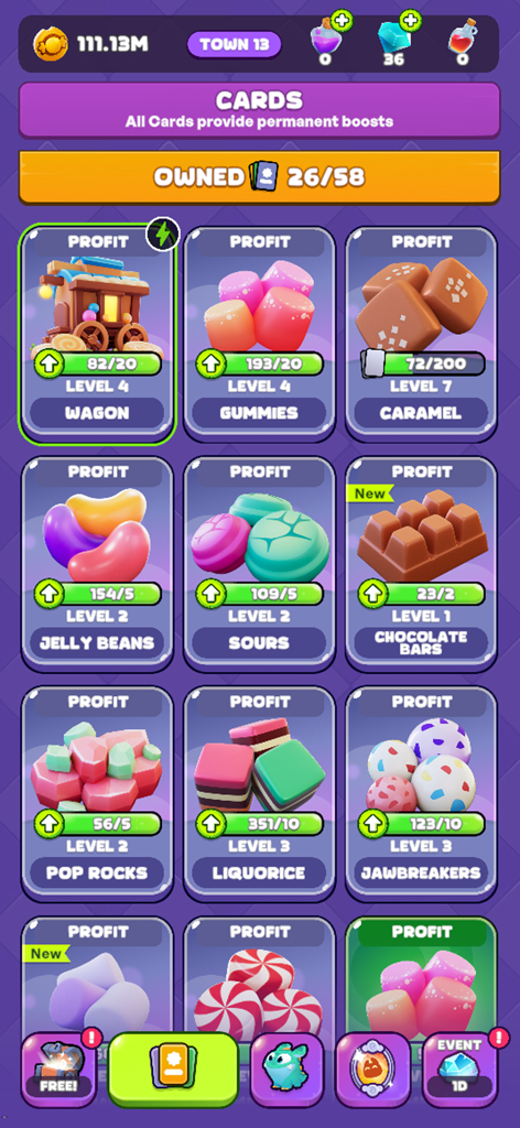 Candy Critters: Idle Merge - Candy Critters mobile game interface showing a menu of collectible candy themed upgrade cards for profit boosts