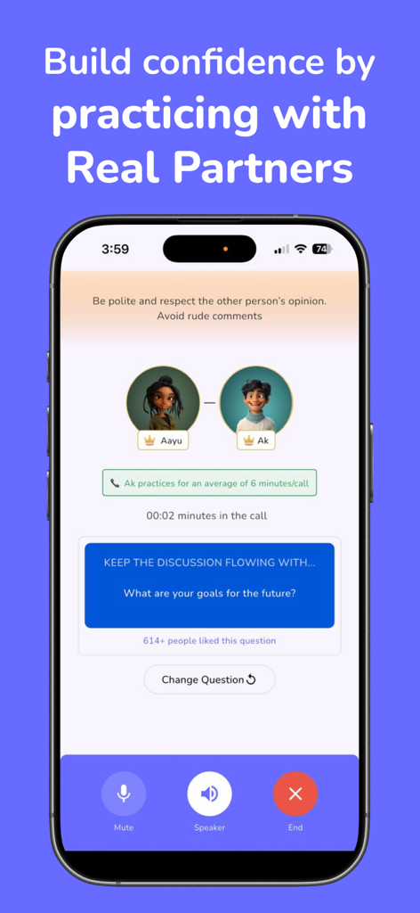 MySivi AI English Speaking App - MySiviアプリのスマートフォン画面。他のユーザーとのライブ英語スピーキング練習セッションを表示している。
