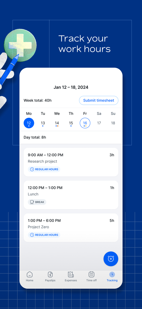 Interface do aplicativo móvel Remote Global HR mostrando a tela de rastreamento de horas de trabalho com um detalhamento diário de projetos e um botão de envio de folha de ponto