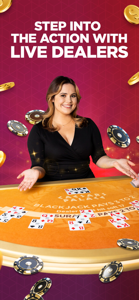 シーザーズパレス オンラインカジノのブラックジャックテーブルにいる女性ライブディーラー、浮遊する金貨とチップと共に。