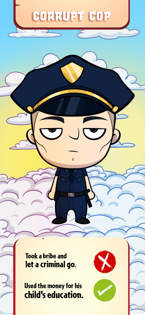 A corrupt cop character in Judgment Day Angel of God with a moral dilemma screen.