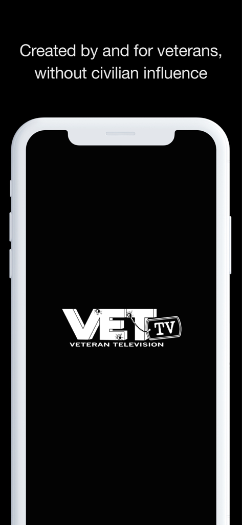 VET Tv app logo on a smartphone screen with a veteran-centric tagline.