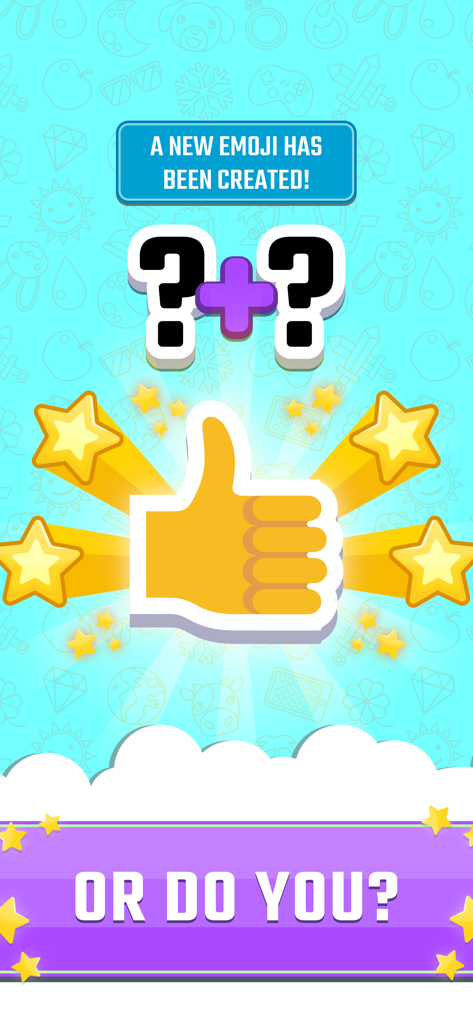 Una captura de pantalla del juego Combina Emojis que muestra un emoji de pulgar hacia arriba recién creado con estrellas y un cuadro de notificación azul.