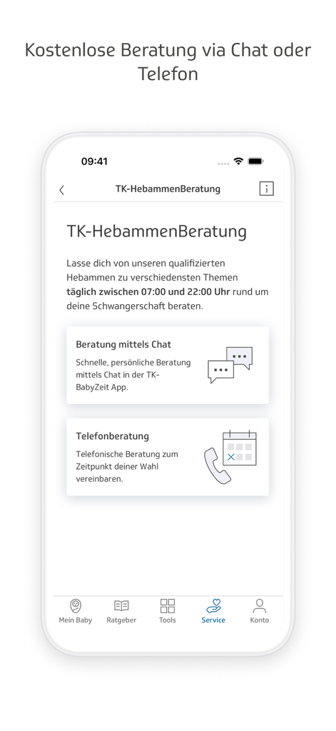 Oberfläche einer mobilen App, die Optionen für die Hebammenberatung per Chat und Telefonanruf anzeigt