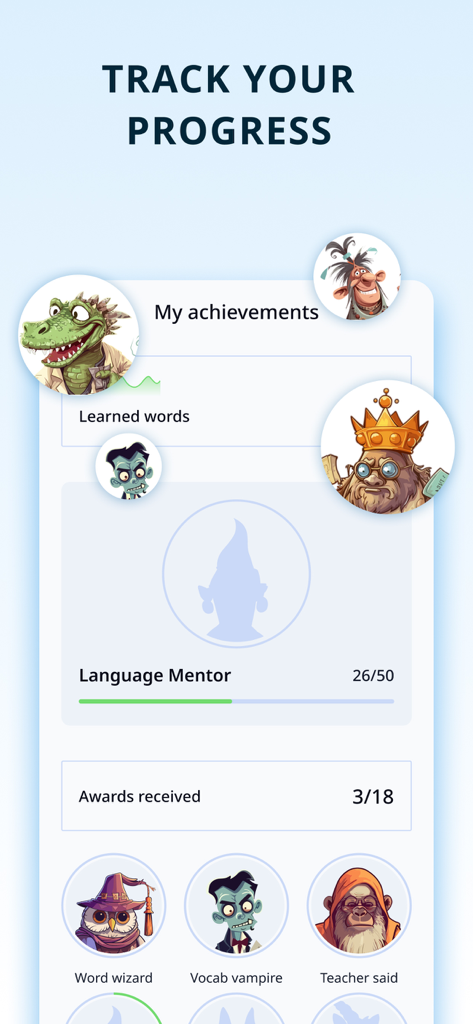 Learning Italian for Beginners - La pantalla de seguimiento de logros y progreso de la aplicación Italiano para Principiantes con varias insignias y premios de personajes.