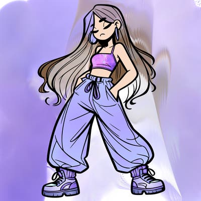 girl in baggy pants crop top and long hair