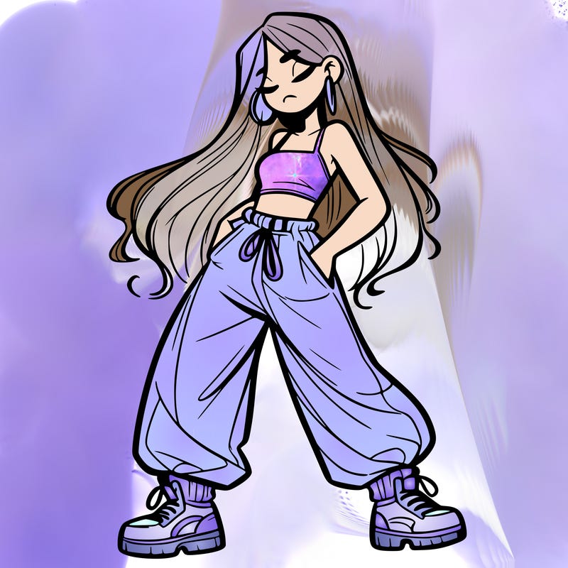 girl in baggy pants crop top and long hair