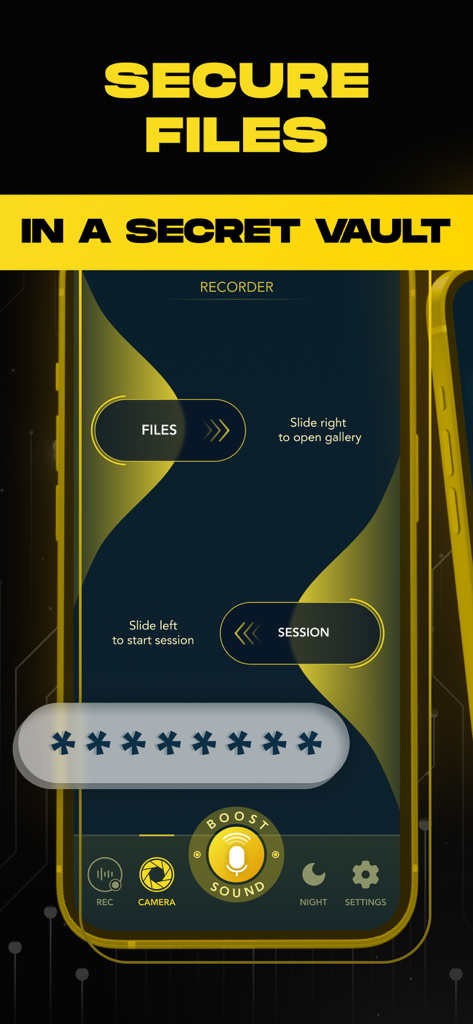 Ear Spy Apps - Super Hearing - Secret vault interface of the Ear Spy app showing password protection for secure files and media.