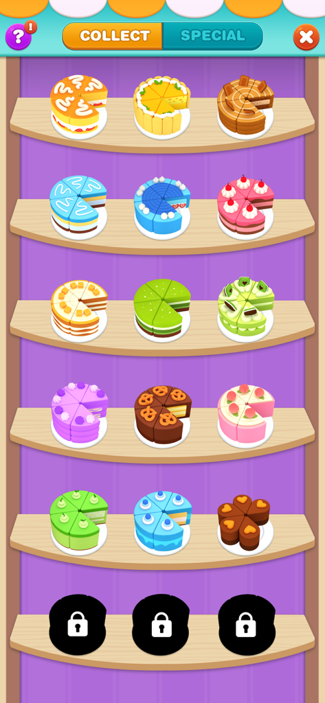 Cake Sort Master-Color Puzzle - Una vista de galería de varias coloridas rebanadas de pastel en 3D en estantes de madera listas para ser desbloqueadas