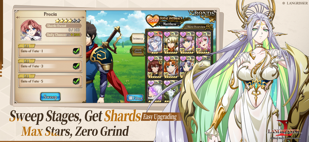 Langrisser mobile game menu showing hero shard collection and sweep stages for easy character upgrading