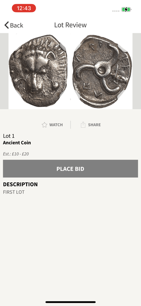 Ancient coin lot review and bidding interface in STJ Auctions app