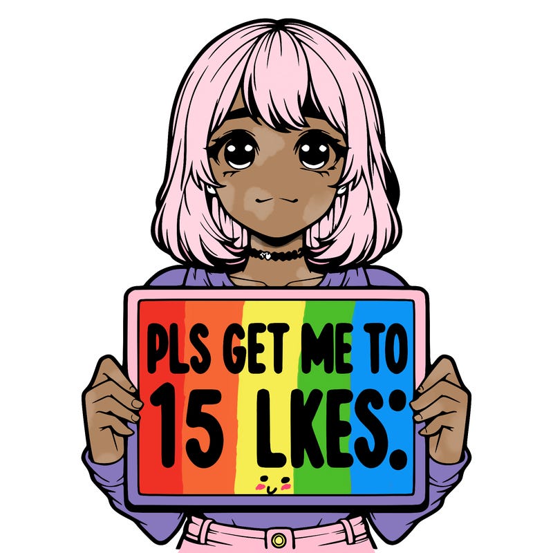 realistic girl holding up a sign that says “pls get me to 15 likes!”