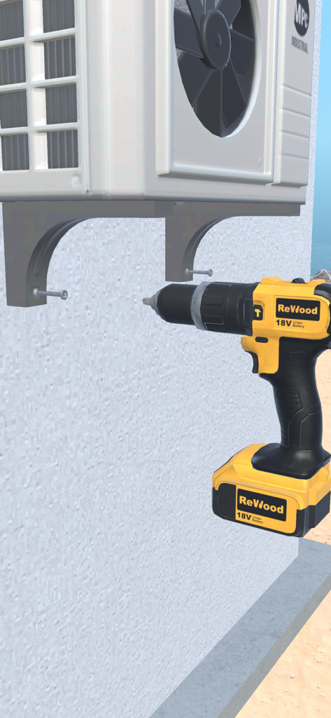 建物のシミュレーターゲームで、壁にエアコンユニットブラケットを固定するために使用されている黄色の電動ドリル