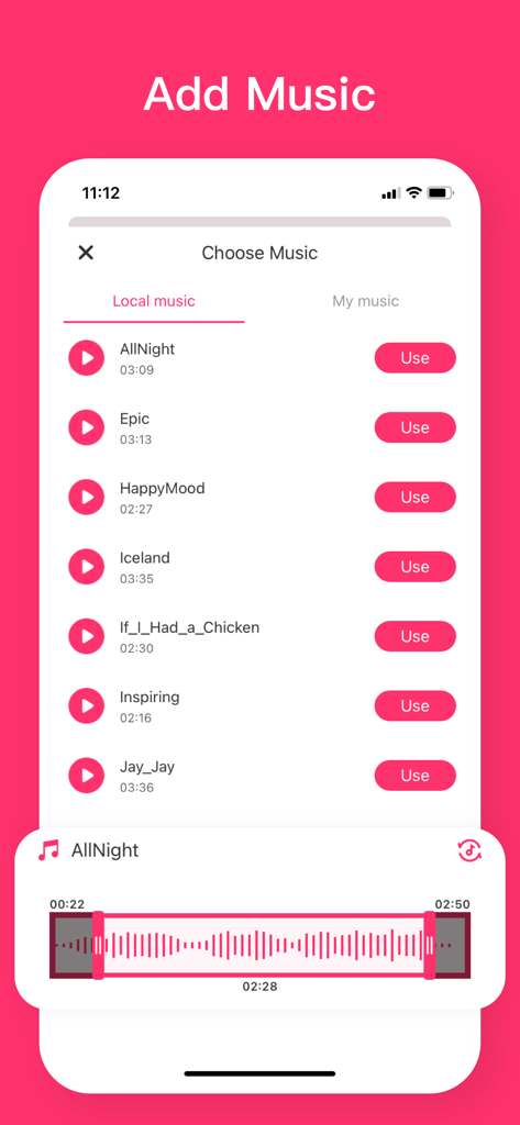 Video Collage App - VidGridアプリの画面。音楽選択とオーディオ波形編集機能が表示されている。