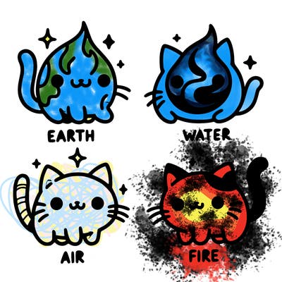 4 cats that represent the different elements, earth, water, air, and fire