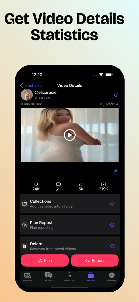Reports+ Unfollowers Tracker - Un'interfaccia mobile che visualizza statistiche sulle prestazioni dei video, inclusi like, commenti e visualizzazioni, con opzioni per pianificare e ripubblicare contenuti.