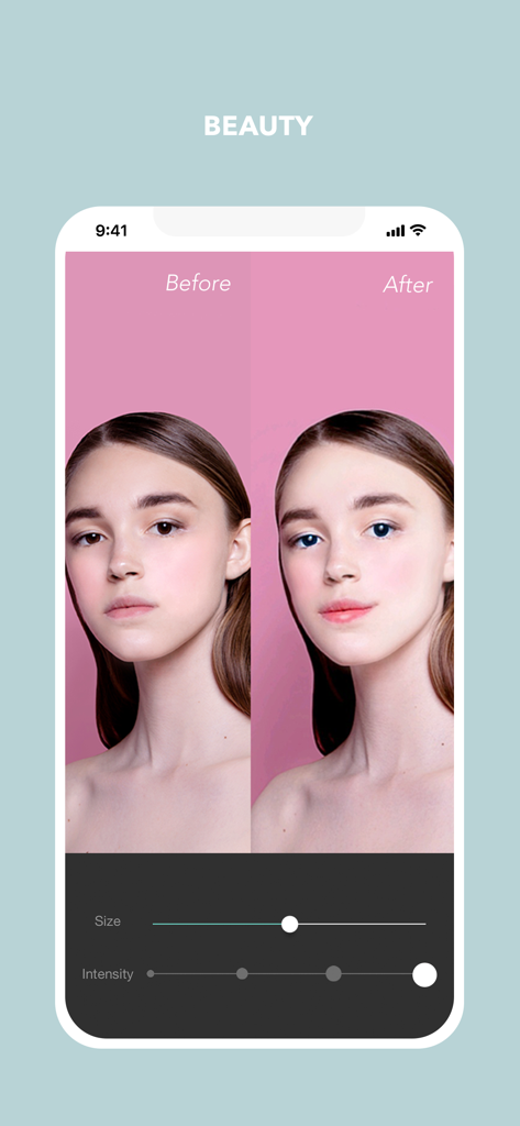 Before and after comparison of face retouching and beauty filters in the Cymera photo editor app
