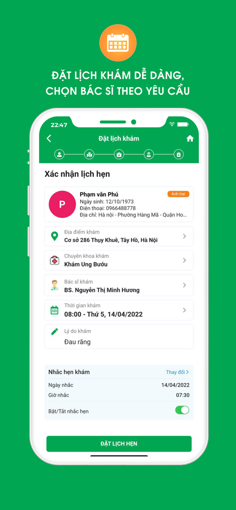 TCI - Hospital - Mobile app screen showing a medical appointment confirmation for TCI Hospital with patient and doctor information