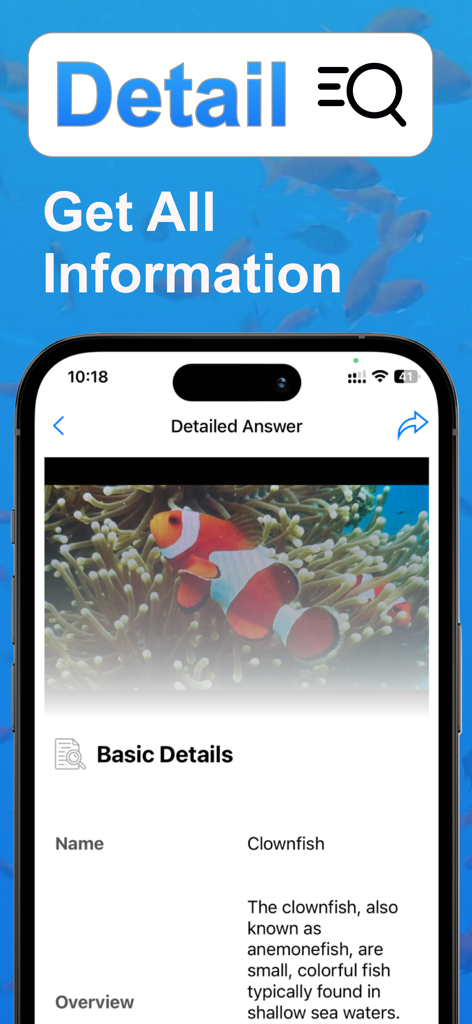 Fish Identifier: Scan & Find - 물고기 식별기 앱 화면에서 흰동가리이의 자세한 정보와 사진을 표시하는 스마트폰