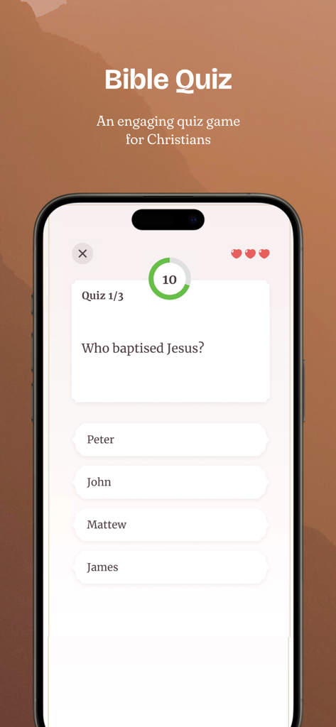 Bible Offline - KJV Holy Bible - Mobile app interface for a Bible quiz featuring a question about who baptized Jesus.