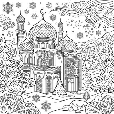 Discover a magnificent Sultan's Palace transformed into a winter spectacle, perfect for coloring. This intricate design blends opulent Islamic architecture with the serene beauty of a snowy landscape.