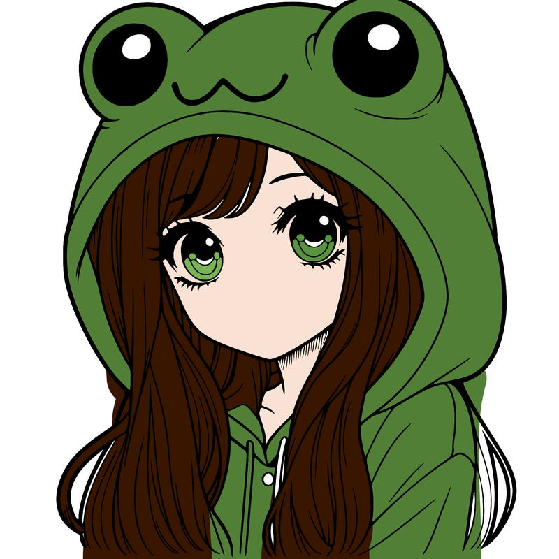 a pretty girl wearing a frog hoodie portrait with long hair