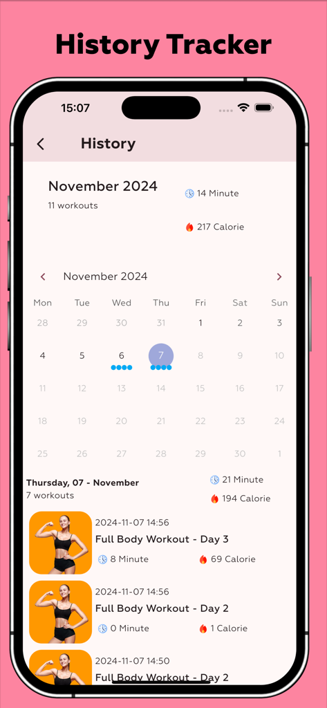 Women Workout - Burn Belly Fat - Una pantalla de historial que muestra una vista de calendario de entrenamientos en casa completados y calorías quemadas para una app de fitness para mujeres.