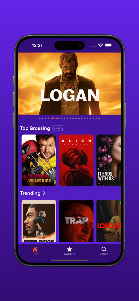 GO-Movies - GO-Moviesアプリのホームスクリーン。トレンドと興行収入上位の映画が表示されます