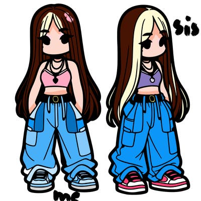 girl in baggy pants crop top and long hair