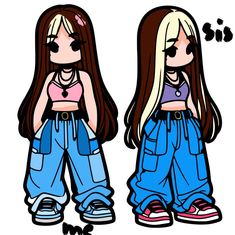 girl in baggy pants crop top and long hair