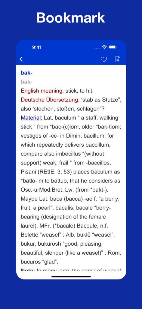 Proto Indo European Etymology - A screenshot of the Proto Indo European Etymology app displaying the etymological details of the word root bak