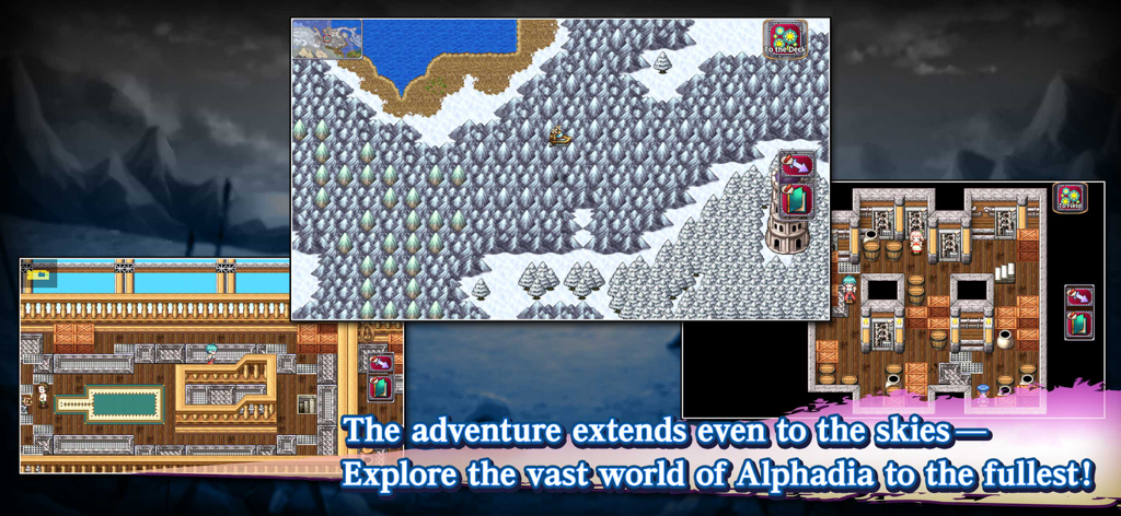 Three pixel art screenshots of Alphadia III showing overworld map and interior exploration