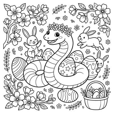 Dive into a unique Easter celebration with this charming caecilian coloring page! Kids will love bringing this friendly snake-like creature, surrounded by bunnies and decorated eggs, to life with vibrant colors.