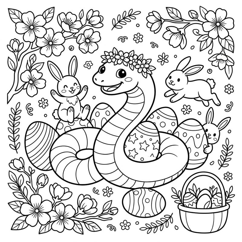 Dive into a unique Easter celebration with this charming caecilian coloring page! Kids will love bringing this friendly snake-like creature, surrounded by bunnies and decorated eggs, to life with vibrant colors.