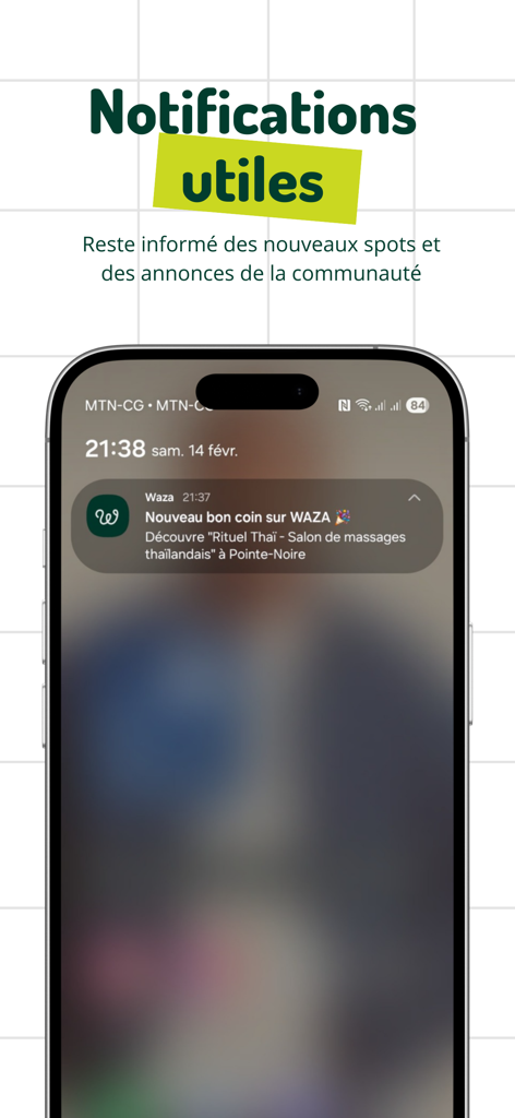 Waza app - Pantalla de smartphone mostrando una notificación push de la aplicación Waza para un nuevo lugar local en el Congo.