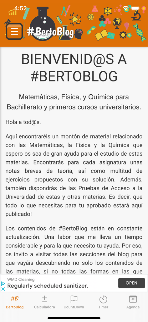 #BertoBlog - Home screen of the BertoBlog educational app featuring study materials for Math Physics and Chemistry