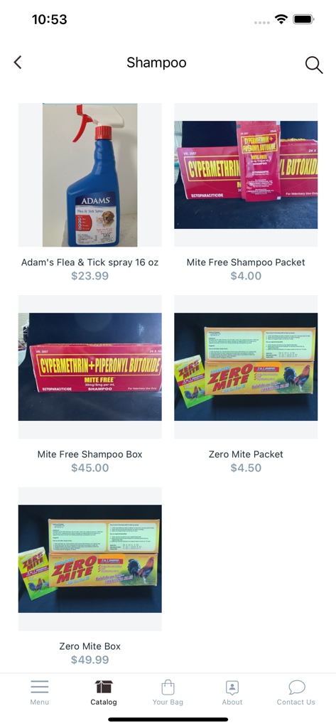 TGT Feed & Farm - TGT Feed and Farm app catalog showing flea and mite shampoo products for poultry and livestock