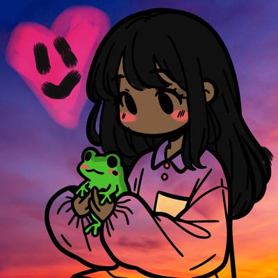 girl with long hair and a oversized shirt. and she is holding a frog
