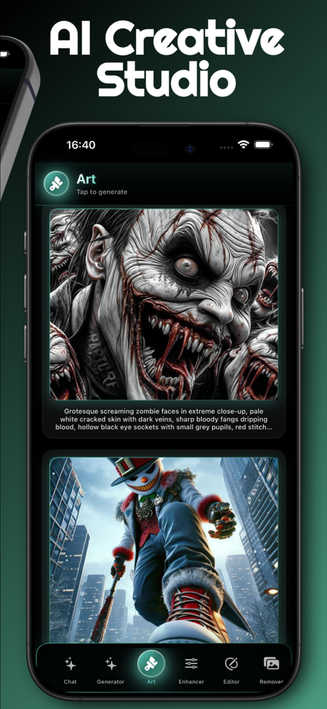 Pantalla de galería de Lmarena AI Art Generator mostrando obras de arte generadas por IA de un zombi y un personaje.