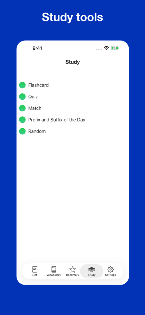 フラッシュカード、クイズ、マッチングゲームなどの学習オプションメニューを表示している英語学習アプリのインターフェース。