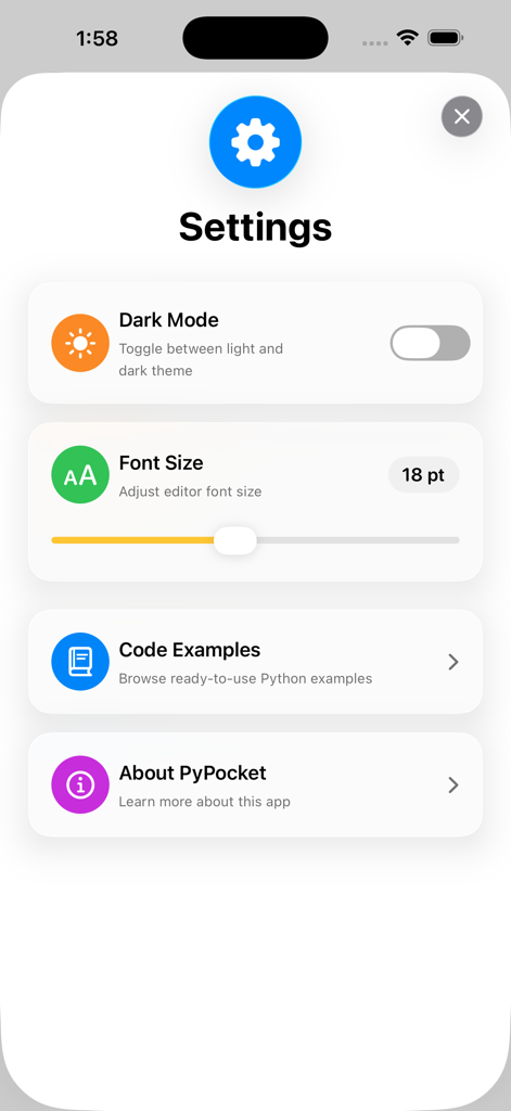 PyPocket - PyPocket app settings interface showing dark mode toggle and font size adjustment slider