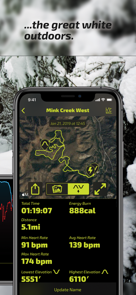 Back Country Workout - Back Country Workout app showing a GPS ski route and fitness data