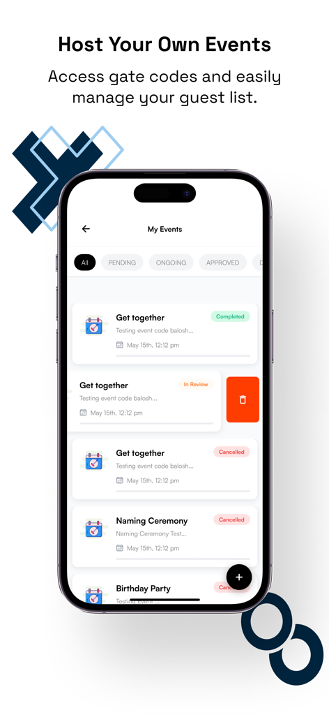 Startimes Estate - Interface do aplicativo Startimes Estate mostrando a tela Meus Eventos para gerenciar listas de convidados e códigos de acesso