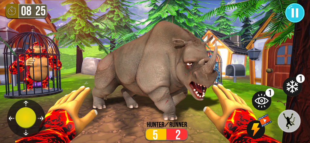 Monkey Monster Survival PEAK - Jugabilidad en primera persona mostrando a un jugador enfrentándose a un rinoceronte agresivo en Monkey Monster Survival PEAK