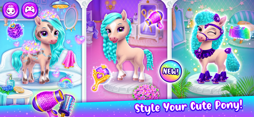 Un lindo poni siendo lavado, cepillado y vestido en un castillo mágico