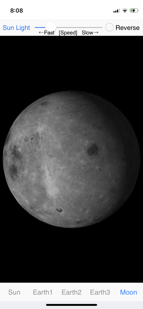 Earth Rotation - A 3D model of the moon within the Earth Rotation educational app showing rotation controls