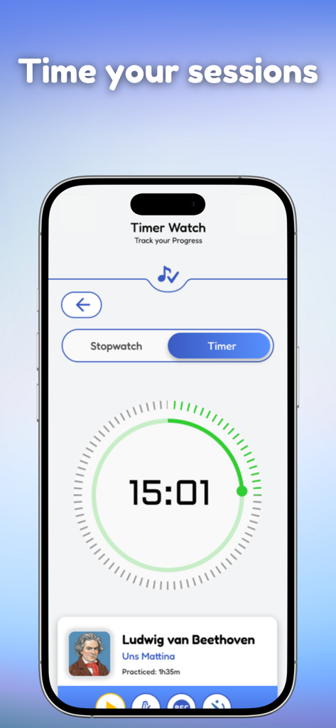 Go Practice Music - Uma captura de tela do aplicativo Go Practice Music mostrando o recurso de cronômetro de sessão para rastrear a prática musical.