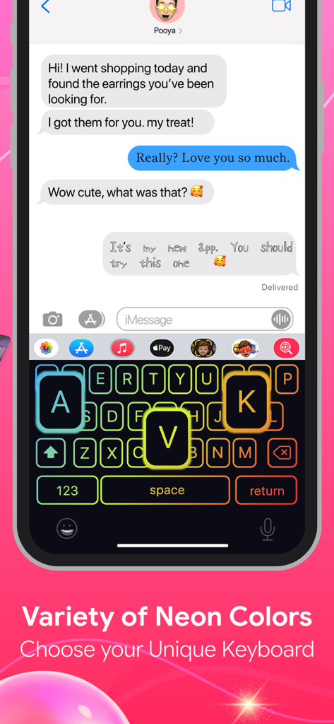 Custom neon LED keyboard interface with bright colors and aesthetic fonts on an iPhone